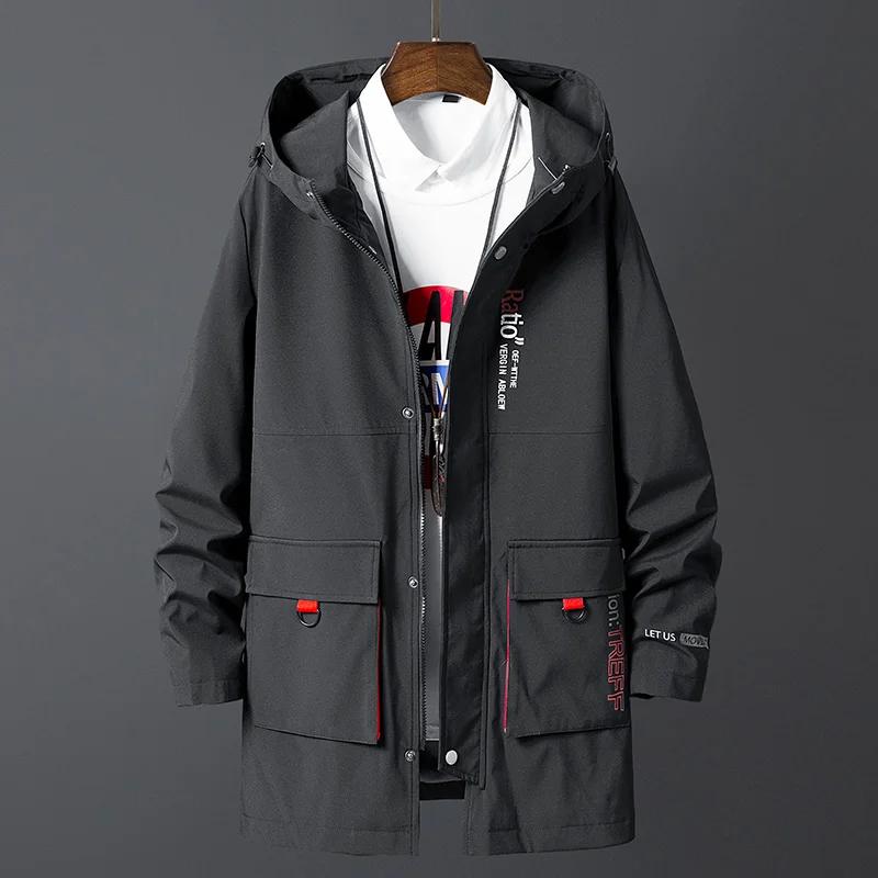 Veste coupe-vent noire surdimensionnée pour hommes, manteau long, mode coréenne, vêtements décontrac