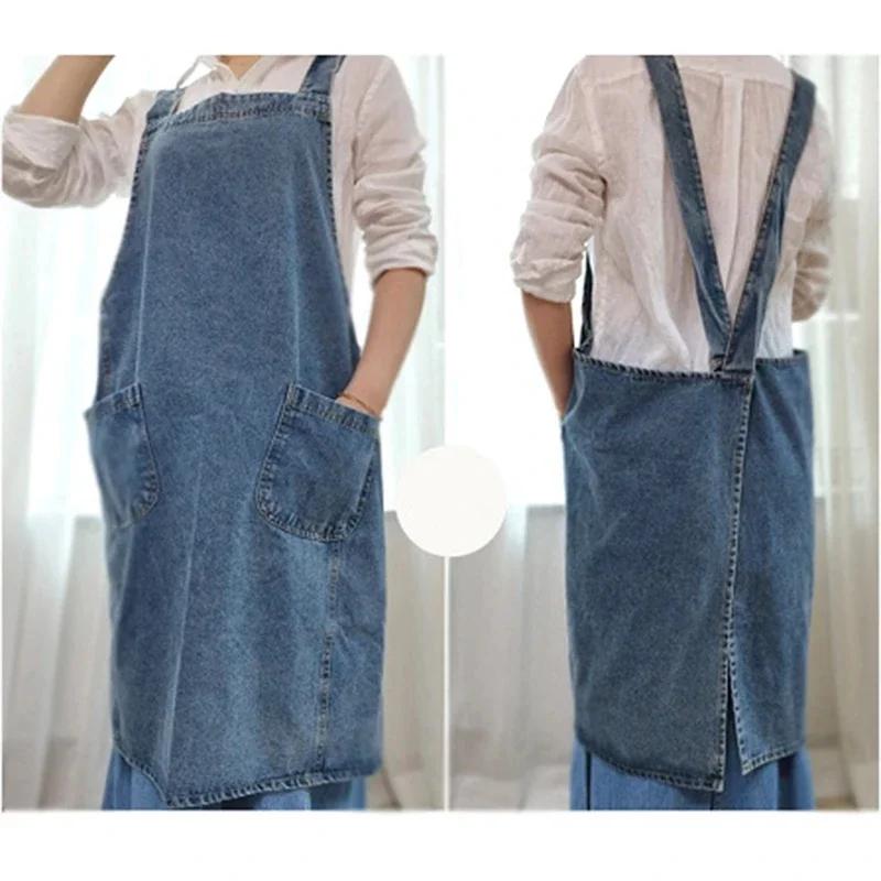 Robe coréenne en Denim pour femmes, tablier en tissu de coton, pour jardin, cuisine, cuisson, access
