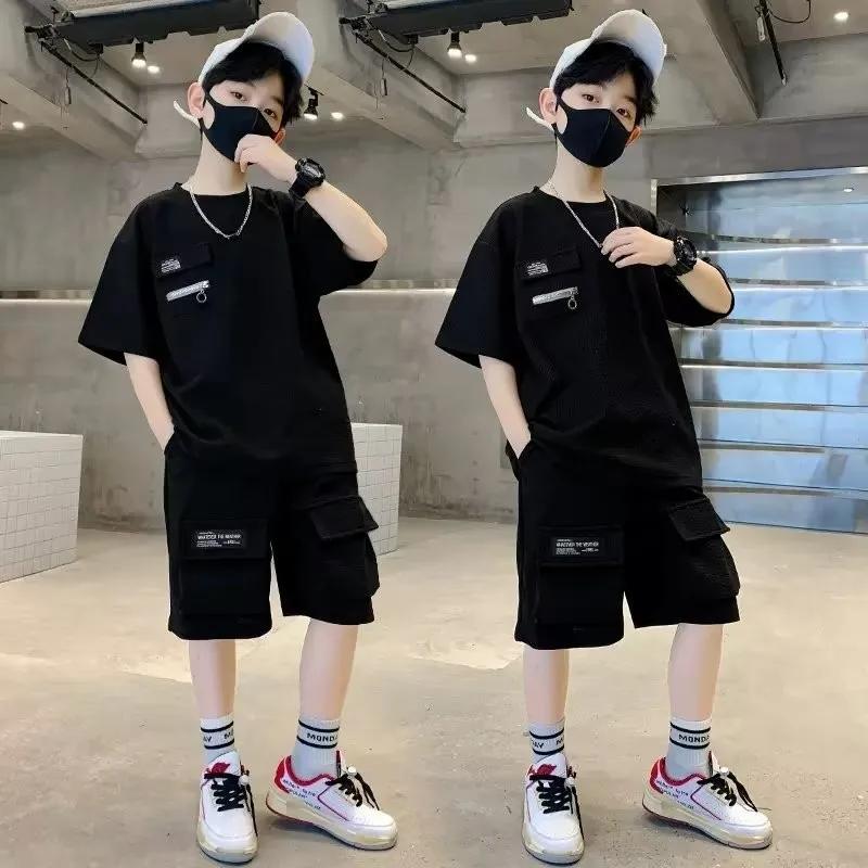 T-Shirt + short 2 pièces ensemble été enfants garçons lettre impression nouveaux enfants adolescent 