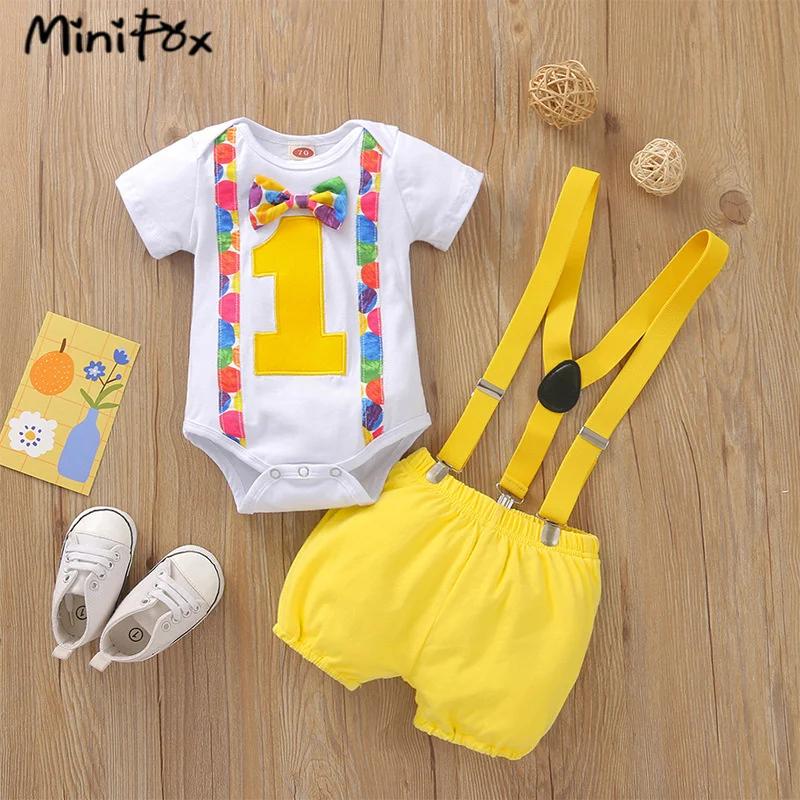 Tenue anniversaire 1 an bébé garçon MiniFox - Body et short à bretelles avec numéro 1 imprimé