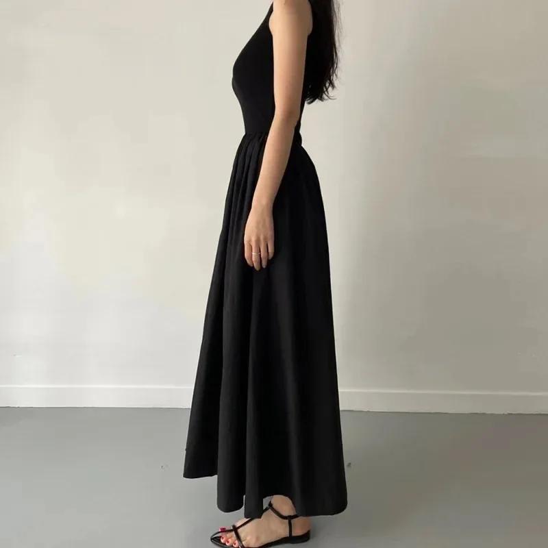 Robe longue noire Simple et élégante pour femmes, col rond, sans manches, taille haute, tempérament,