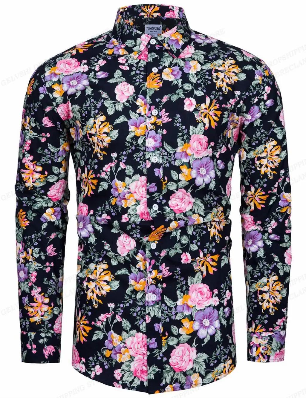 Chemise à fleurs hawaïenne à manches longues pour hommes, chemisier de plage à la mode, vêtements po