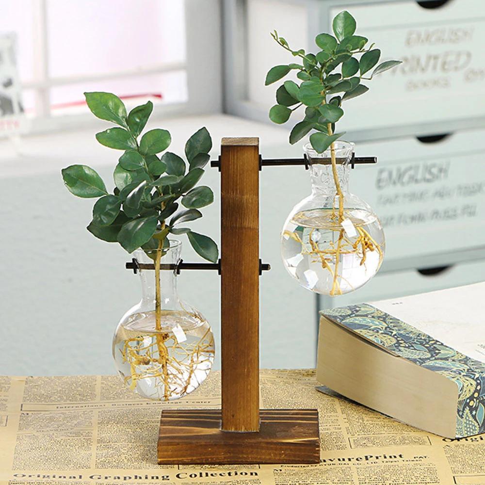 Vase à ampoules de jardinière de bureau en verre créatif, support en bois, conteneur de plantes hydr