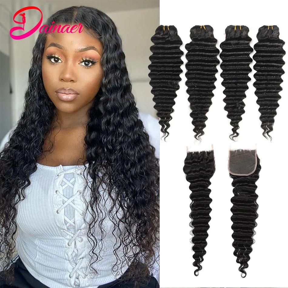 Tissage en Lot Brésilien Naturel Deep Wave avec Closure, 4x4