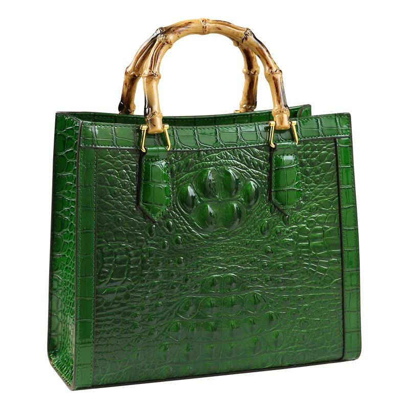 Sacs à main en cuir motif Crocodile pour femmes, fourre-tout Portable à poignée supérieure en bambou