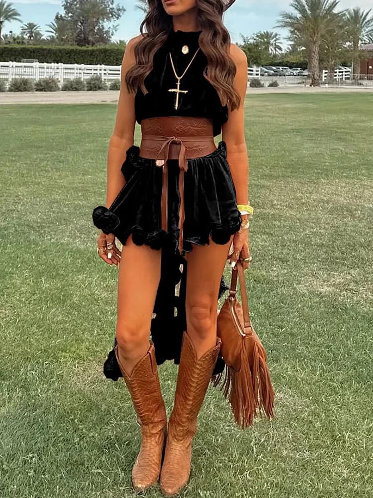 Été Sexy femmes mince solide tenues décontracté sans manches Blouse hauts Mini jupe correspondant co