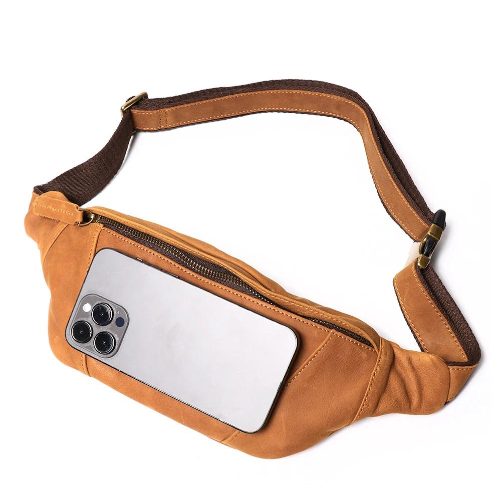 Sac banane en cuir Crazy Horse pour homme, sacoche de poitrine en cuir véritable, pochette de téléph