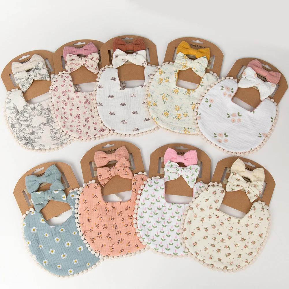 Bavoirs et bandeaux à fleurs pour bébé, 3 pièces/ensemble, bandeaux en Nylon avec nœud, serviette de