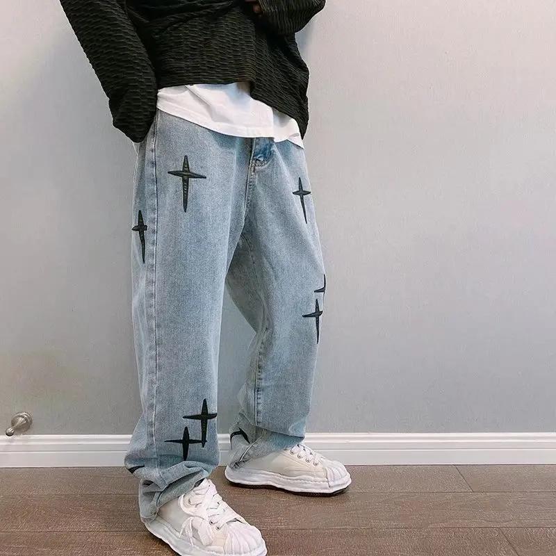 Jean imprimé pour hommes, Streetwear, Baggy, jambes larges, mode coréenne, drapé, droit, décontracté