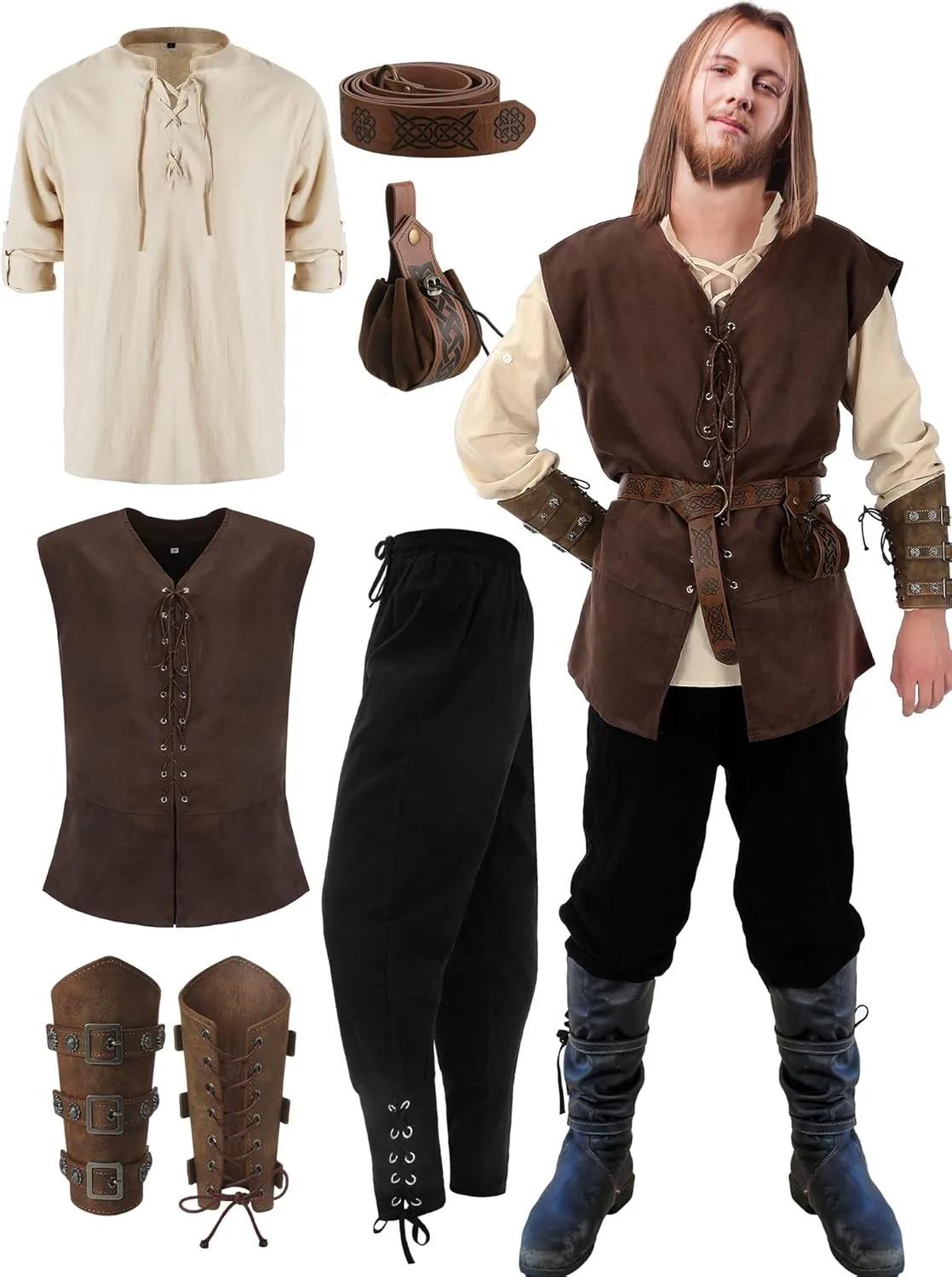 Ensemble de 6 pièces de costume de Renaissance pour homme pour Halloween : Gilet médiéval, chemise, 