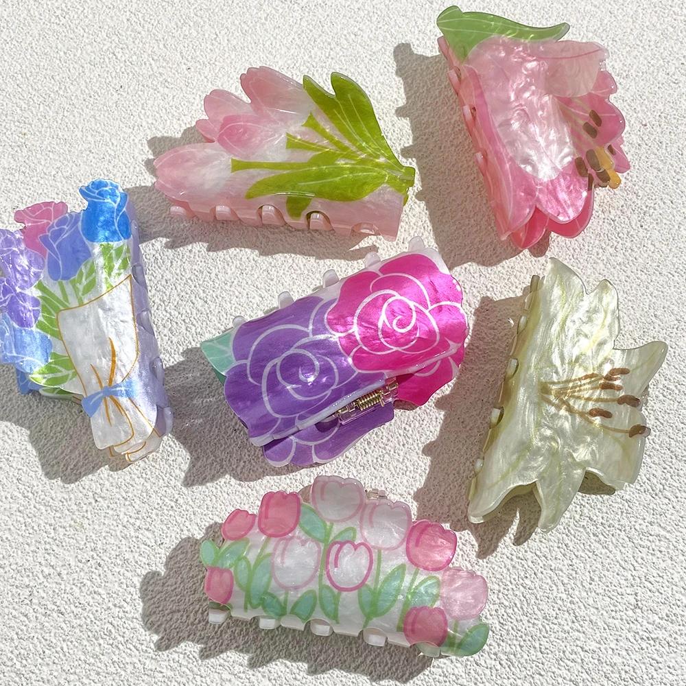 Pince à cheveux en acrylique Double face pour femmes, imprimé de fleurs, surdimensionnée, géométriqu
