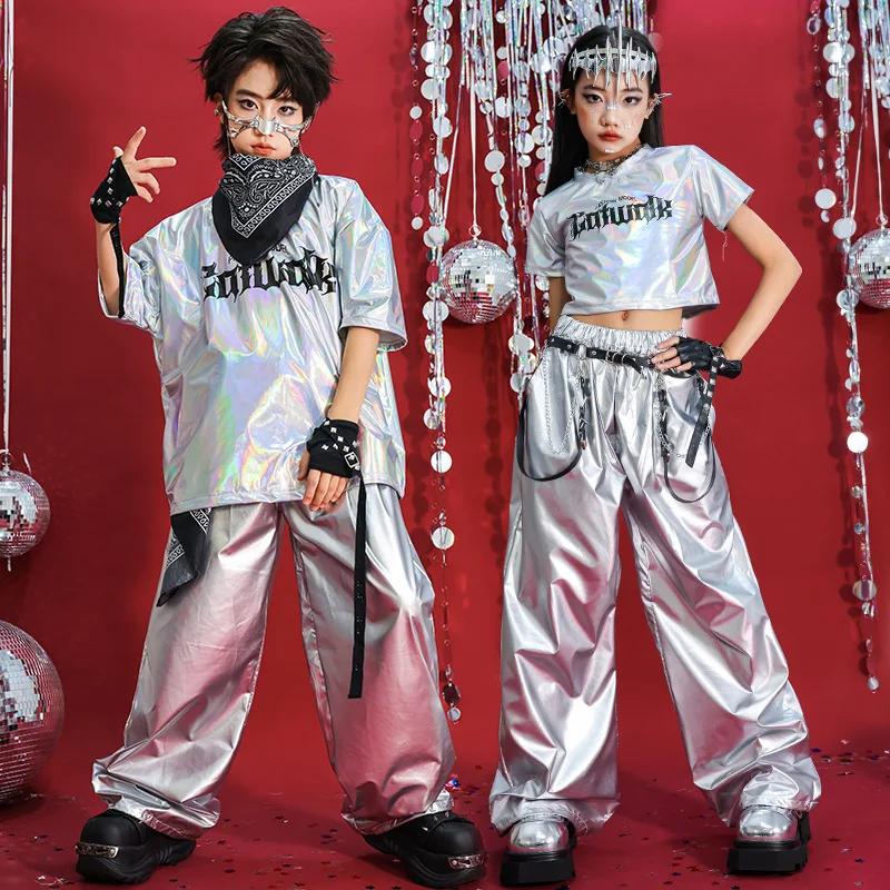 Hip Hop garçons T-shirt danse de rue argent pantalon filles K-pop brillant Joggers enfants Jazz vête