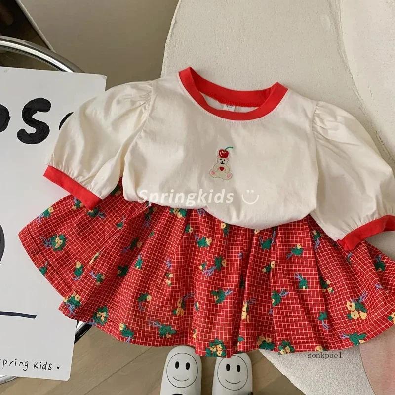 T-shirt d'été pour enfants, mignon, ondulé, à pois, petit ours brodé, vêtements pour enfants