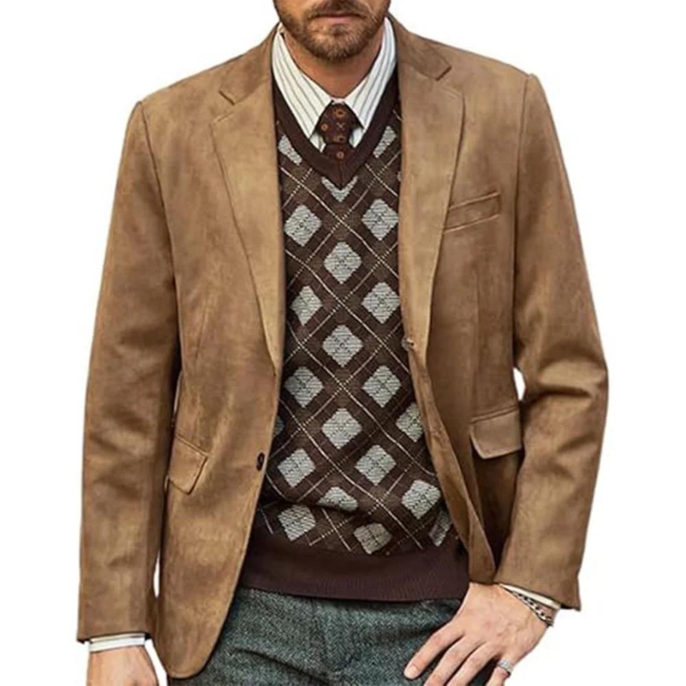 Hommes Faux daim Blazer simple boutonnage marron clair coupe ajustée décontracté élégant veste burea
