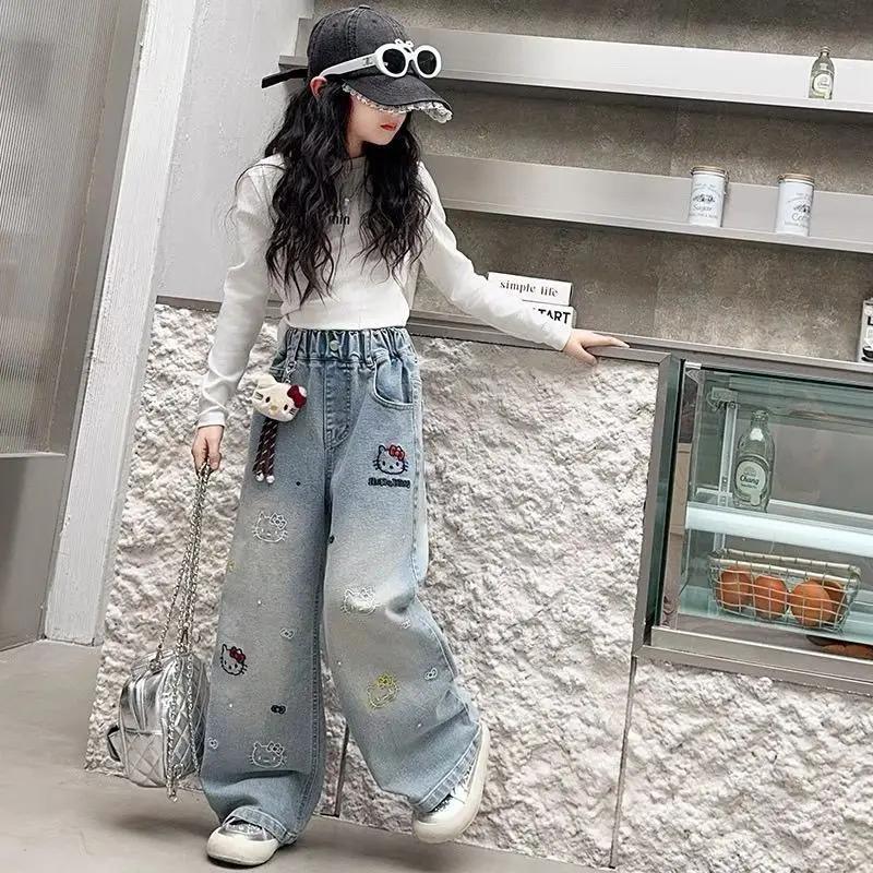 Jeans à jambes larges pour filles, printemps-automne, taille haute, pantalon long, vêtements pour en