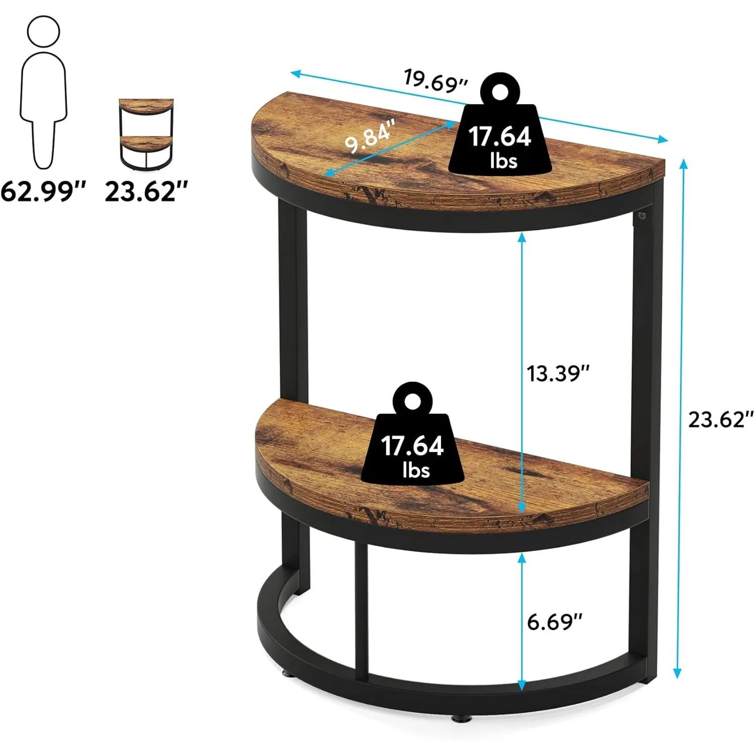 Table d'appoint semi-cercle à 2 niveaux, table d'appoint demi-ronde avec étagère de rangement, table