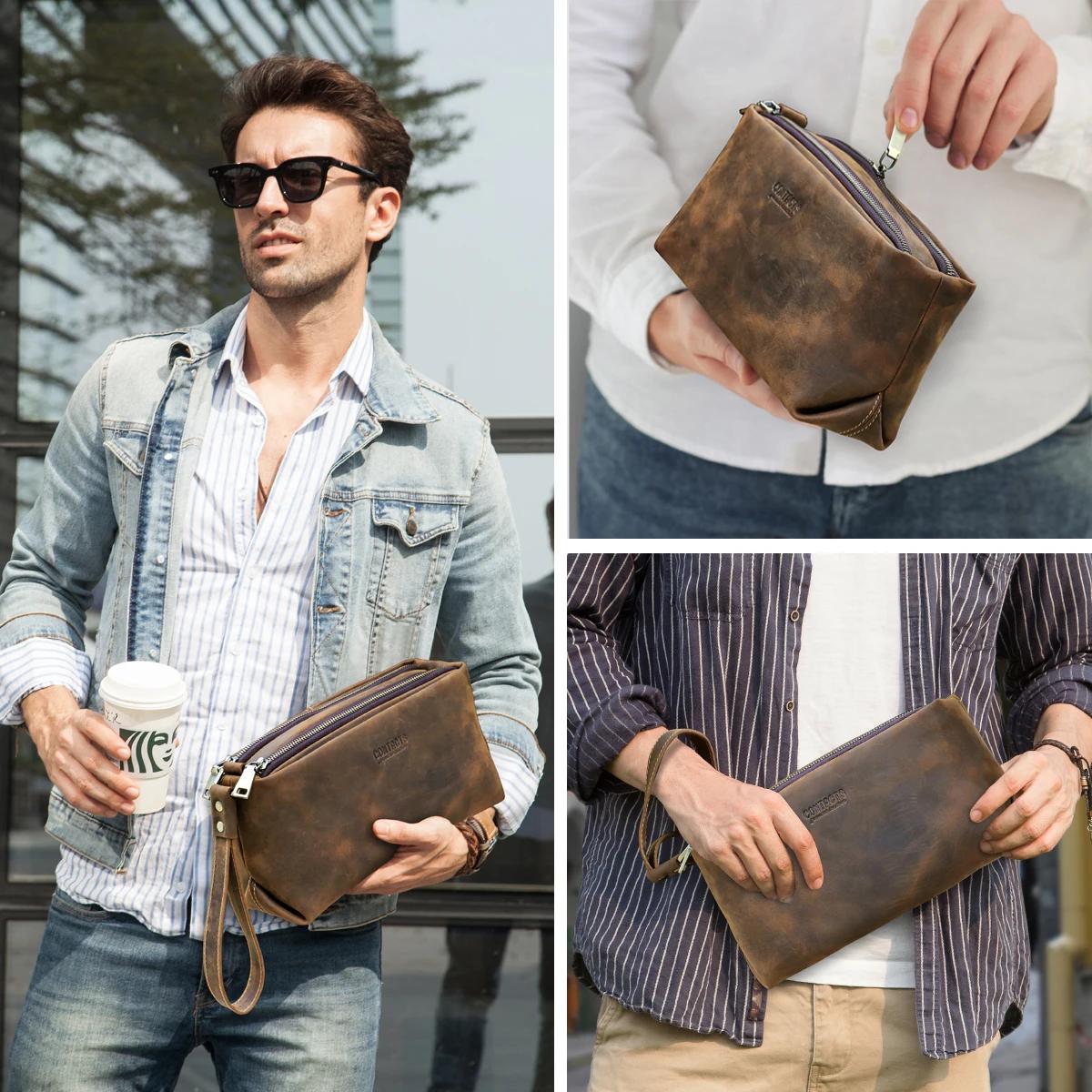 CONTACT'S-Pochettes en cuir véritable pour hommes, sac à main en cuir de cheval Elin avec dragonne, 