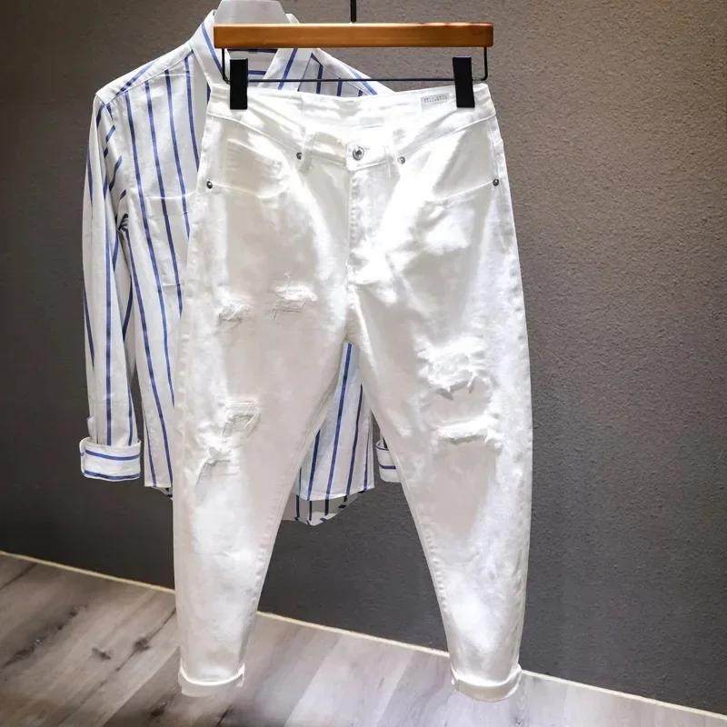 Jeans troués déchirés pour hommes, pantalons masculins blancs, streetwear confortable, denim, mode h