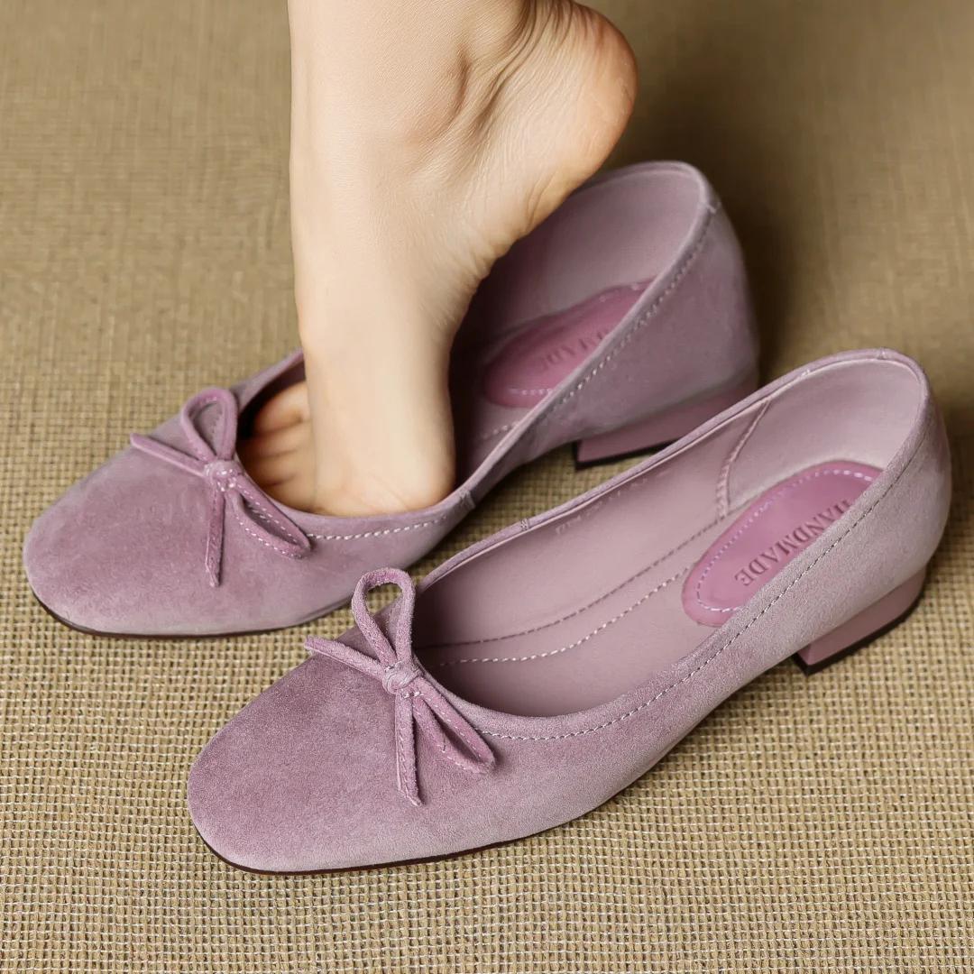 Grande taille 34-43 femmes en daim naturel cuir doux noeud papillon bout rond sans lacet ballerines 