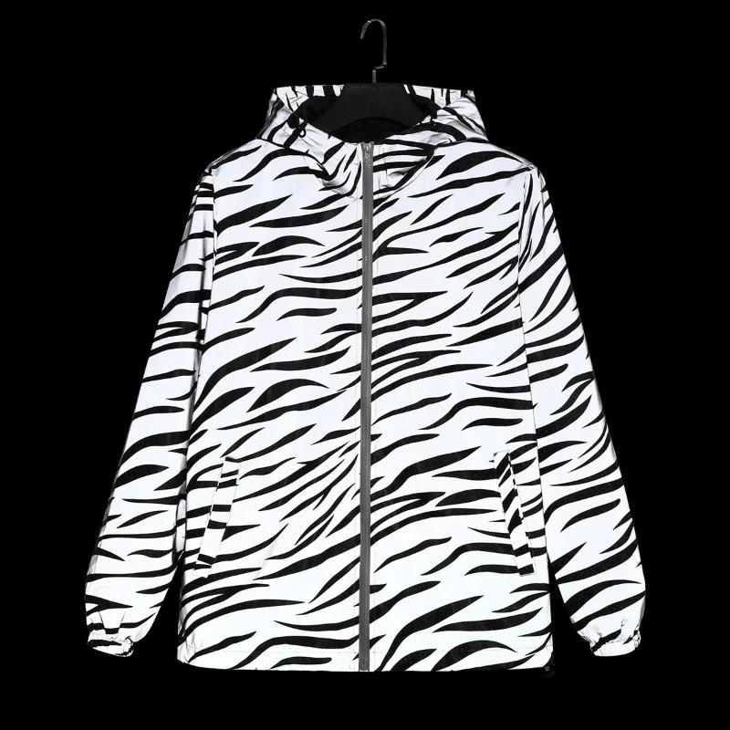 Vestes réfléchissantes imprimées zèbre pour hommes, Hip Hop, à capuche, mode, coupe-vent, lumineux, 