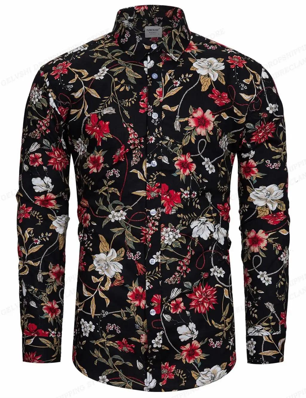 Chemise à fleurs hawaïenne à manches longues pour hommes, chemisier de plage à la mode, vêtements po