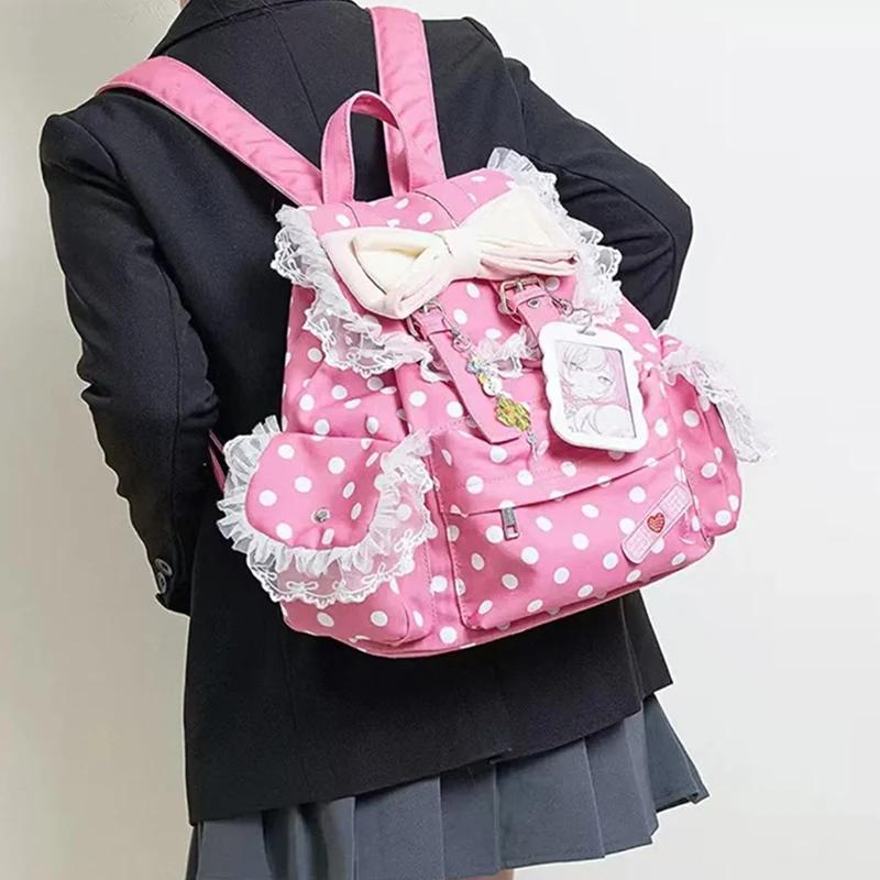 Sac à dos Preppy à pois avec nœud décoratif en dentelle, plusieurs poches, grande capacité, sac simp