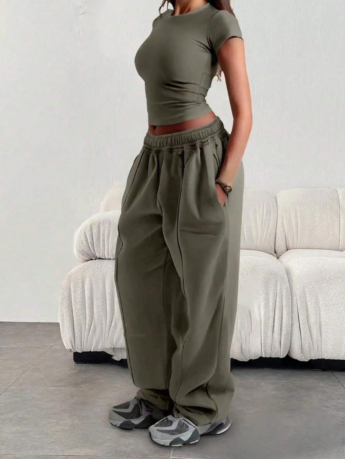 Grande taille nouvelle mode femme Fitness pantalons de survêtement jambe large droite dames décontra