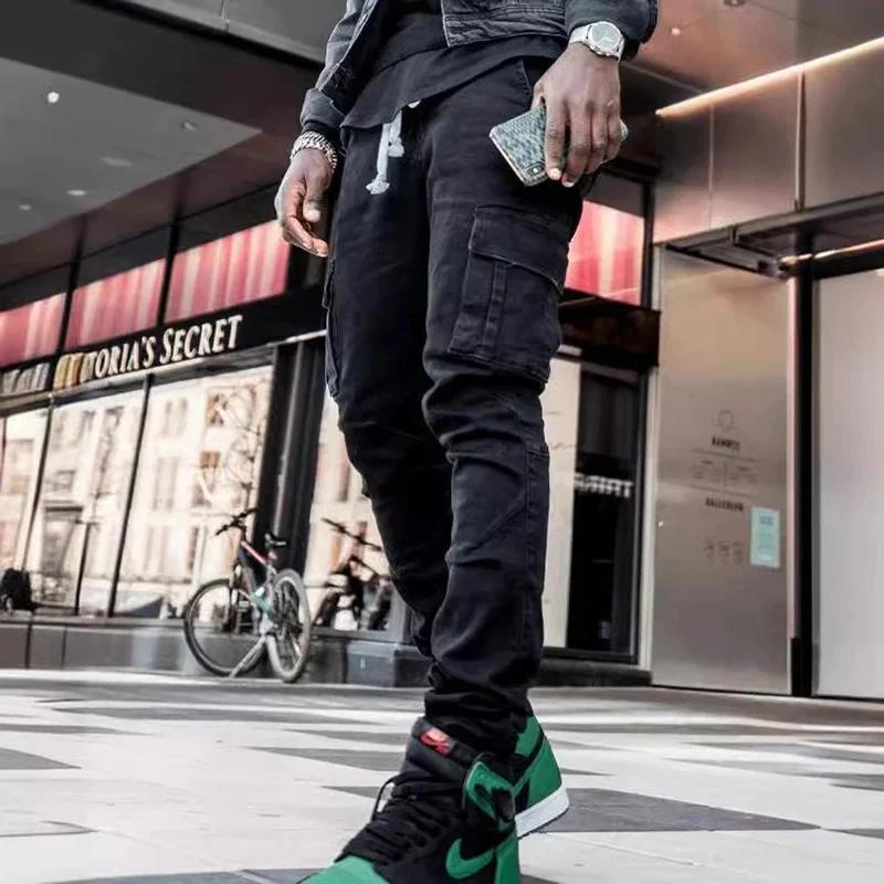 Jean Cargo Slim Fit pour Homme, Pantalon en Denim, Multi-poches, artificiel astique, Jogging, Hip Ho