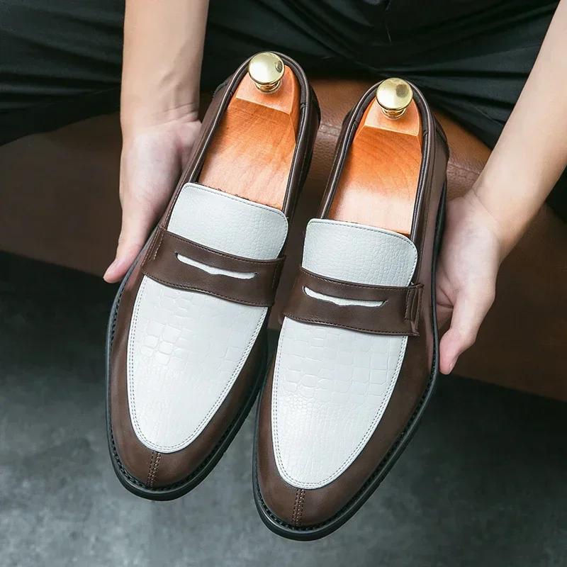 Mocassins de fête pour hommes, couleurs mélangées, chaussures d'affaires en cuir noir et blanc, prod