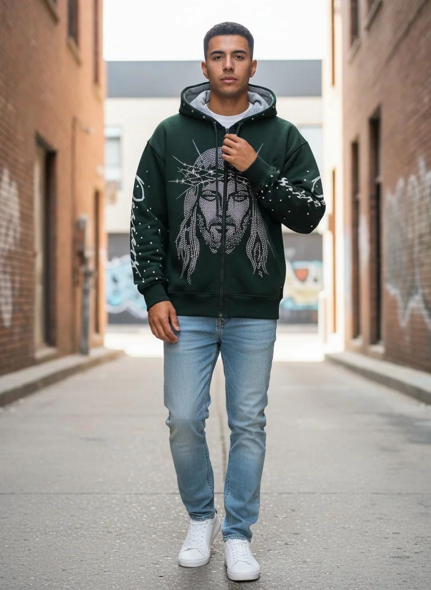 Un sweat à capuche ample avec un motif tridimensionnel de figures incrustées de diamants dans le sty