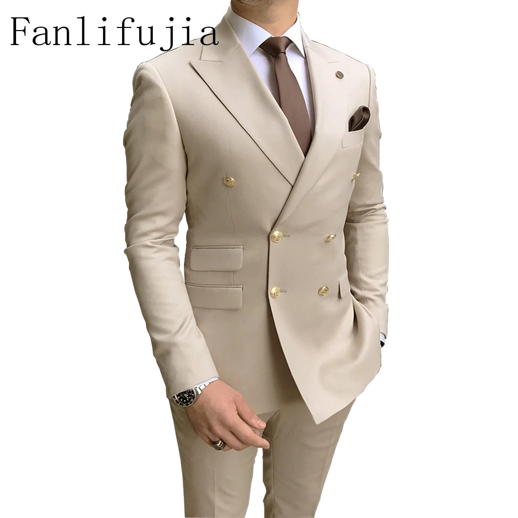 Fanlifujia-Costumes de fête à double boutonnage pour hommes, smokings 2 pièces, revers Patricia, bou