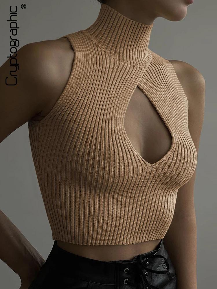 Cryptographic – haut court tricoté sans manches pour femmes, élégant, Sexy, découpé, à la mode, déba