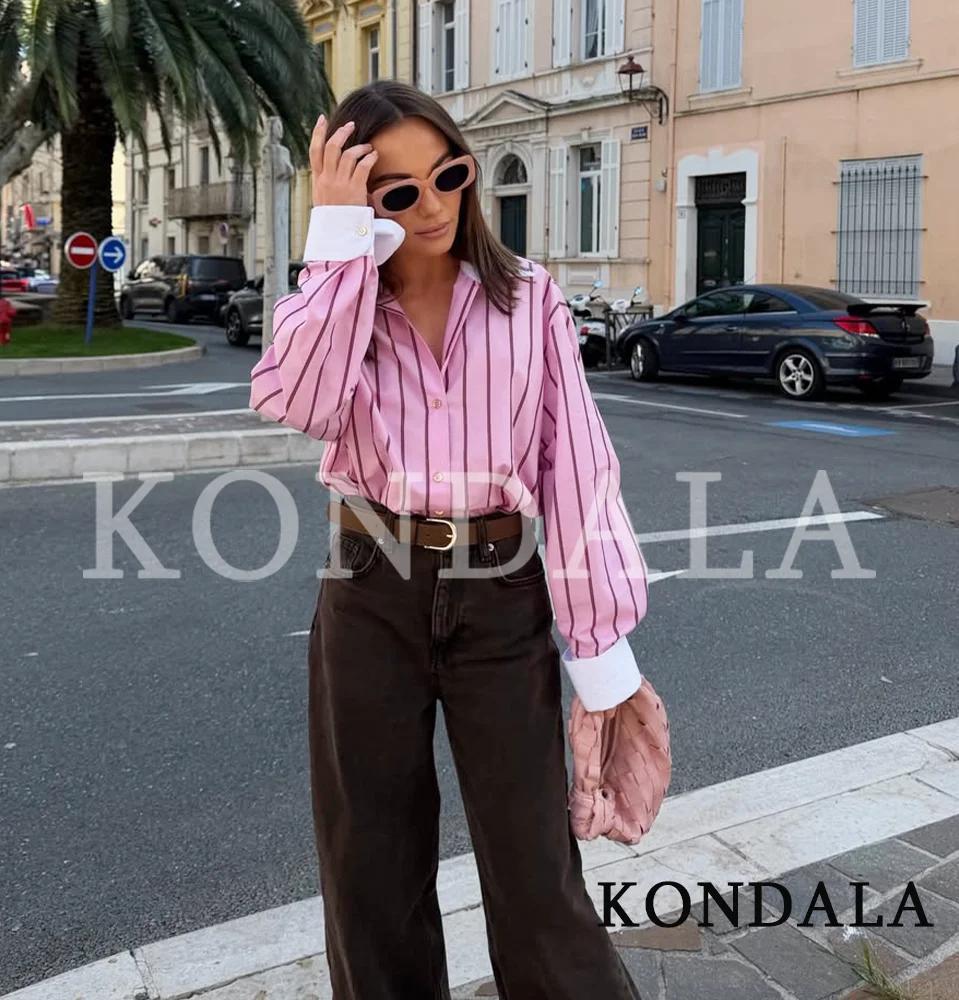 Chemises décontractées à rayures roses KONDALA pour femmes, chemises tendance à boutons et revers po