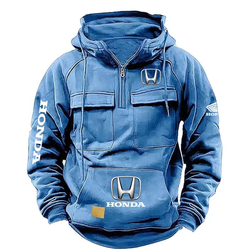 Sweat à capuche rétro Honda pour homme, automne et hiver, avec fermeture éclair, multi-poches, style