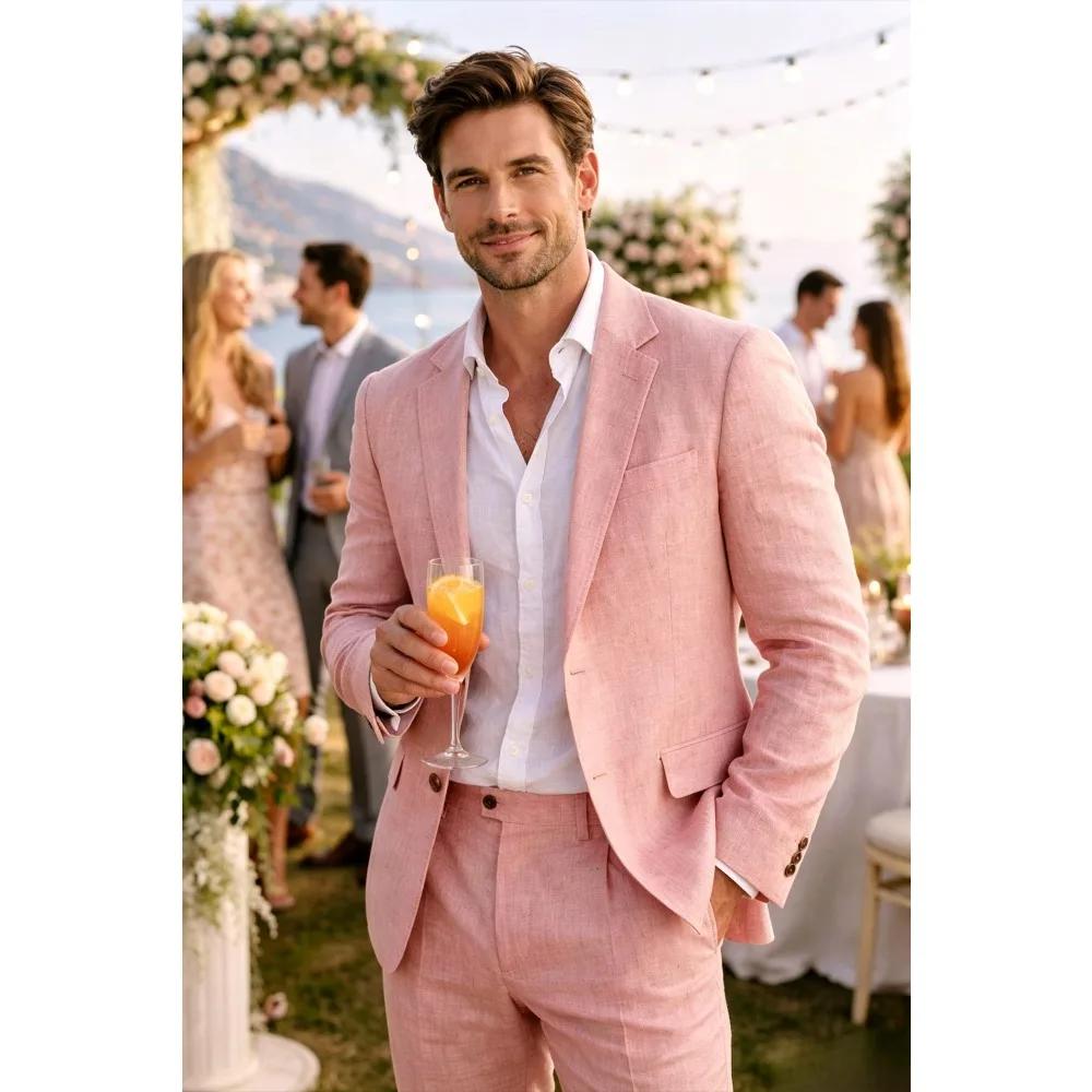 Costume Homme Lin Beige 2 Pièces Léger Été Blazer et Pantalon Coupe Slim pour Bal de Promo Mariage F