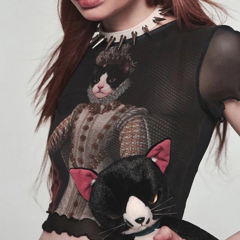 Y2K-T-shirt à manches courtes en maille de dentelle pour femmes, haut court imprimé chat, transparen