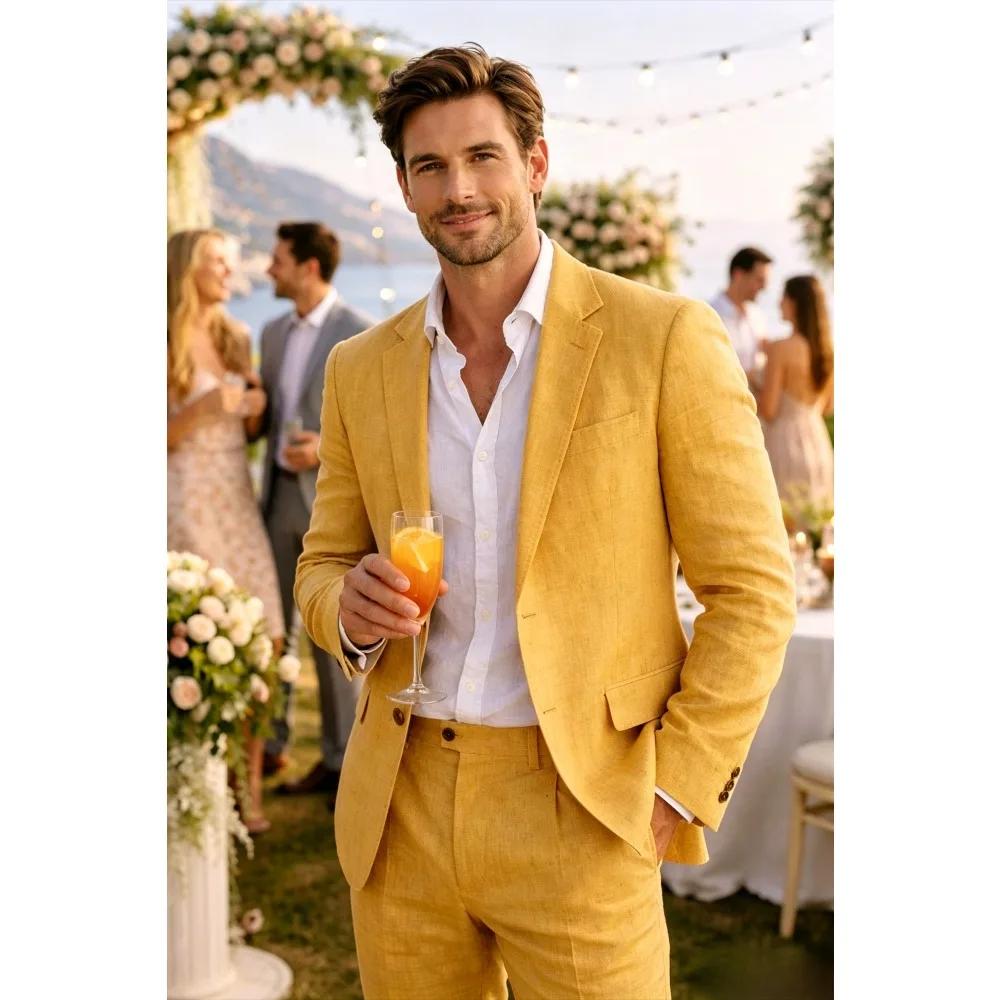 Costume Homme Lin Beige 2 Pièces Léger Été Blazer et Pantalon Coupe Slim pour Bal de Promo Mariage F