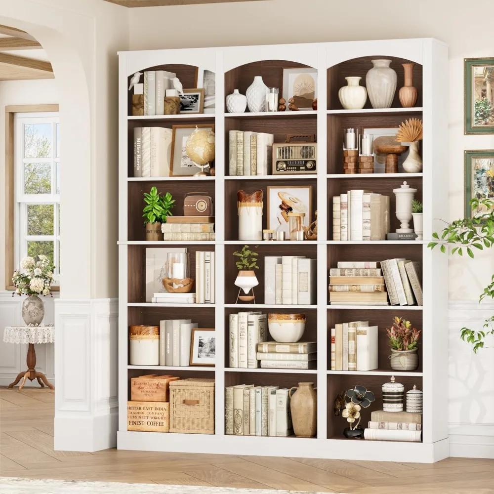 Étagère à livres triple de 71 pouces de large, bibliothèque haute à 6 niveaux, grande bibliothèque a