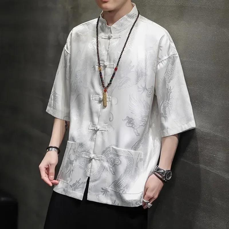 Robe traditionnelle chinoise d'été de haute qualité, chemise brodée de Dragon, vêtements pour hommes