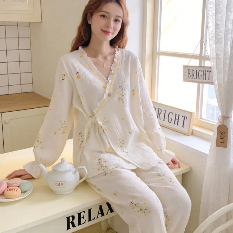 Robe de maternité en gaze de coton, kimono fin, pyjama d'allaitement pour la grossesse, post-partum,