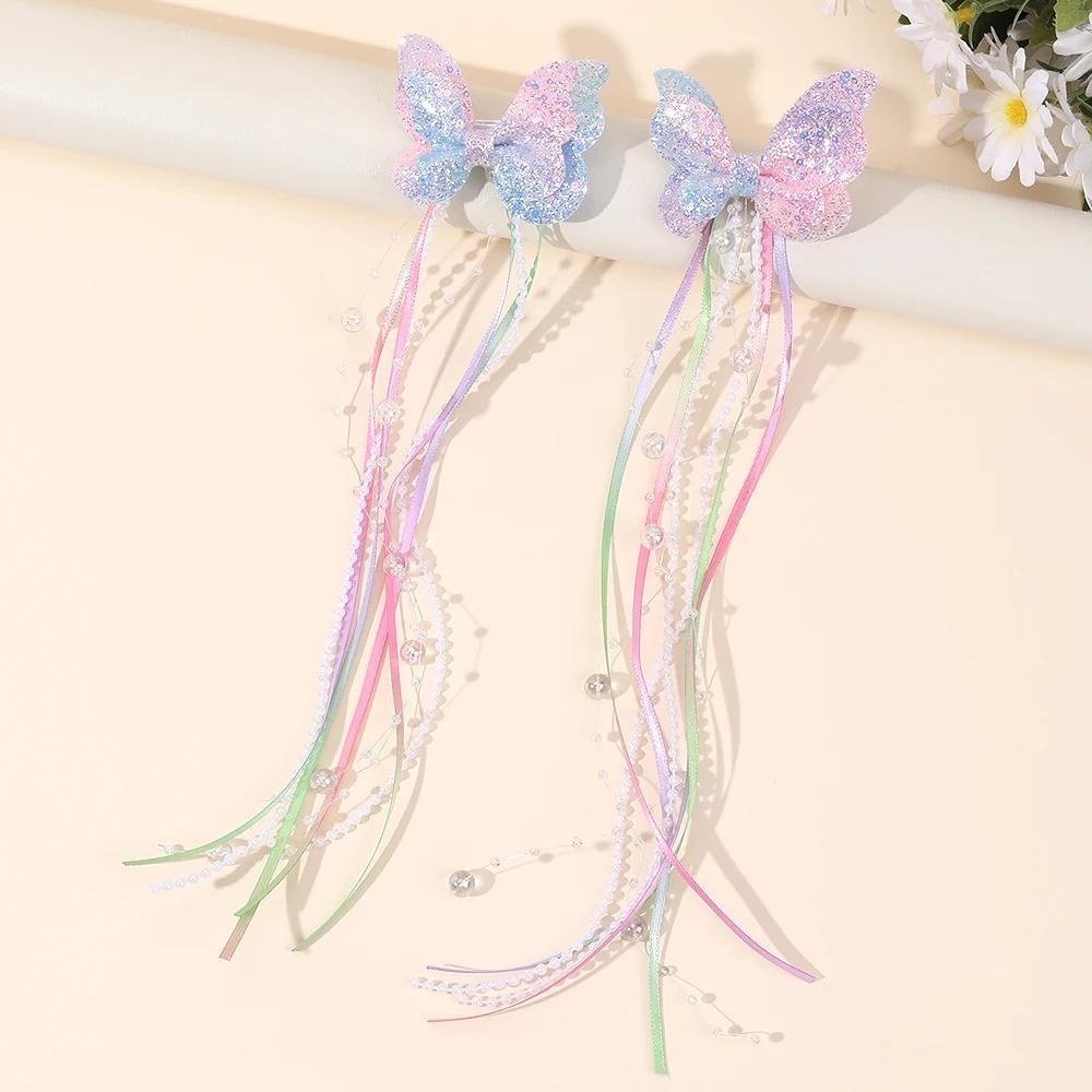 Pinces à cheveux avec nœud papillon à paillettes, 2 pièces, papillon arc-en-ciel avec de longues per