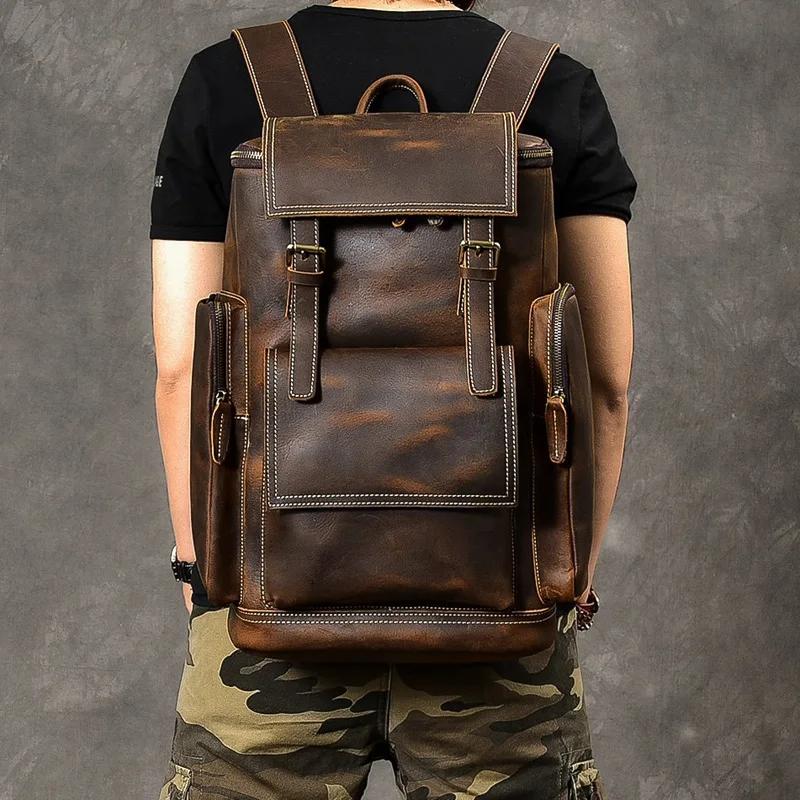 Vintage Crazy Horse en cuir véritable sac à dos hommes en cuir sac à dos escalade sac à dos mâle gra