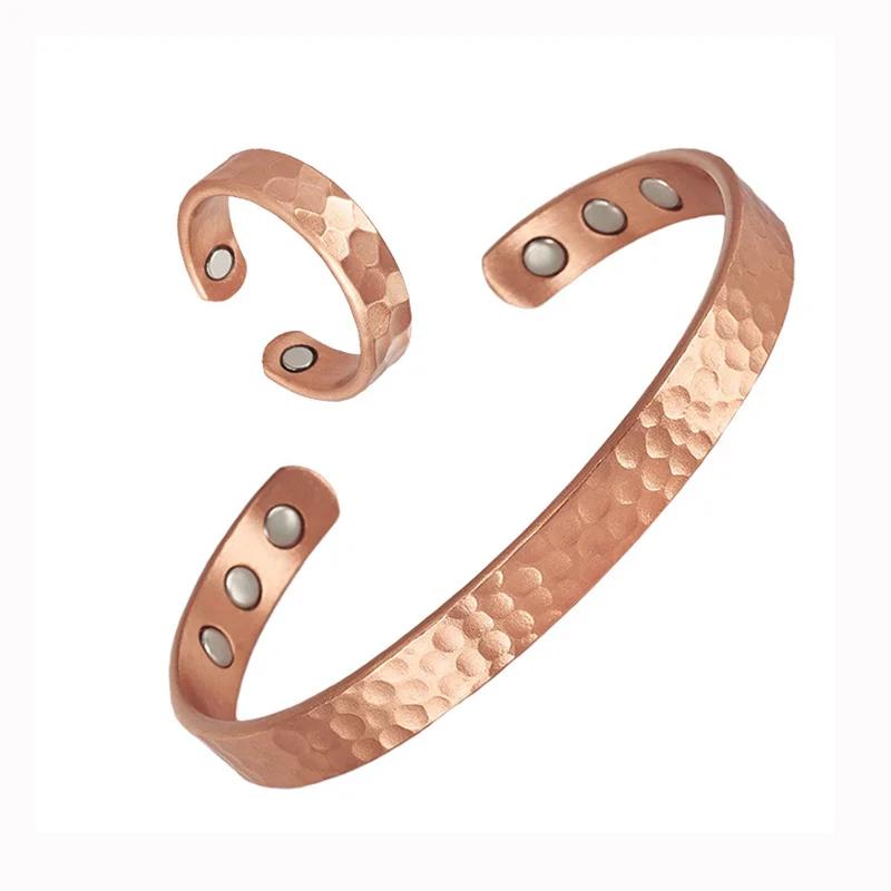 Ensemble de bracelets et bagues en cuivre pur, 2 pièces, conception de motif de marteau réglable, be