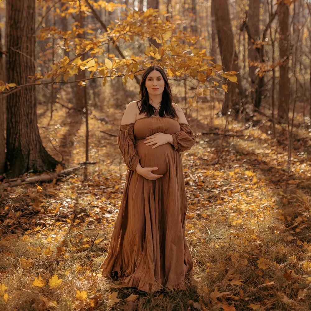 Robe de grossesse bohème pour séance Photo, en lin doux, en coton, épaules dénudées, bord plissé, ro