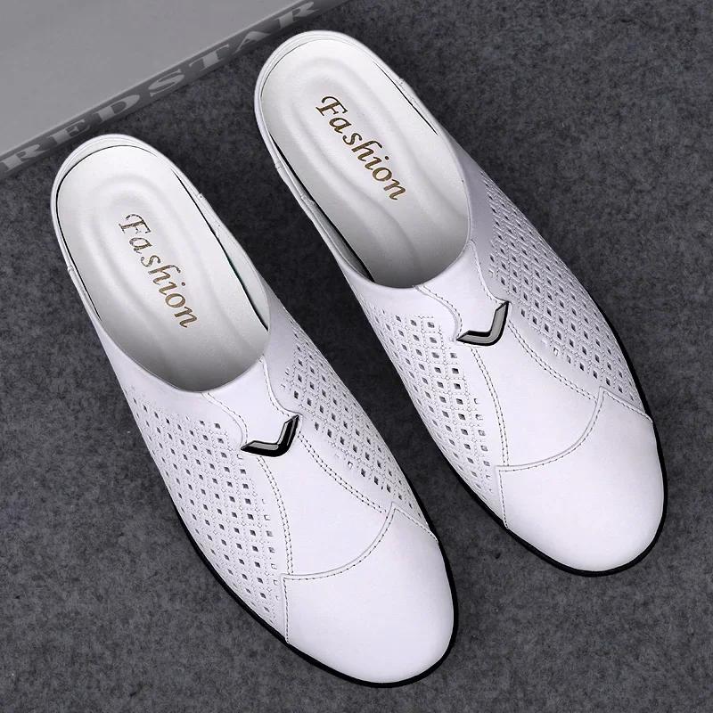 Mocassins d'été en cuir pour hommes, chaussures de conduite, mules, tennis, blanc, 2024