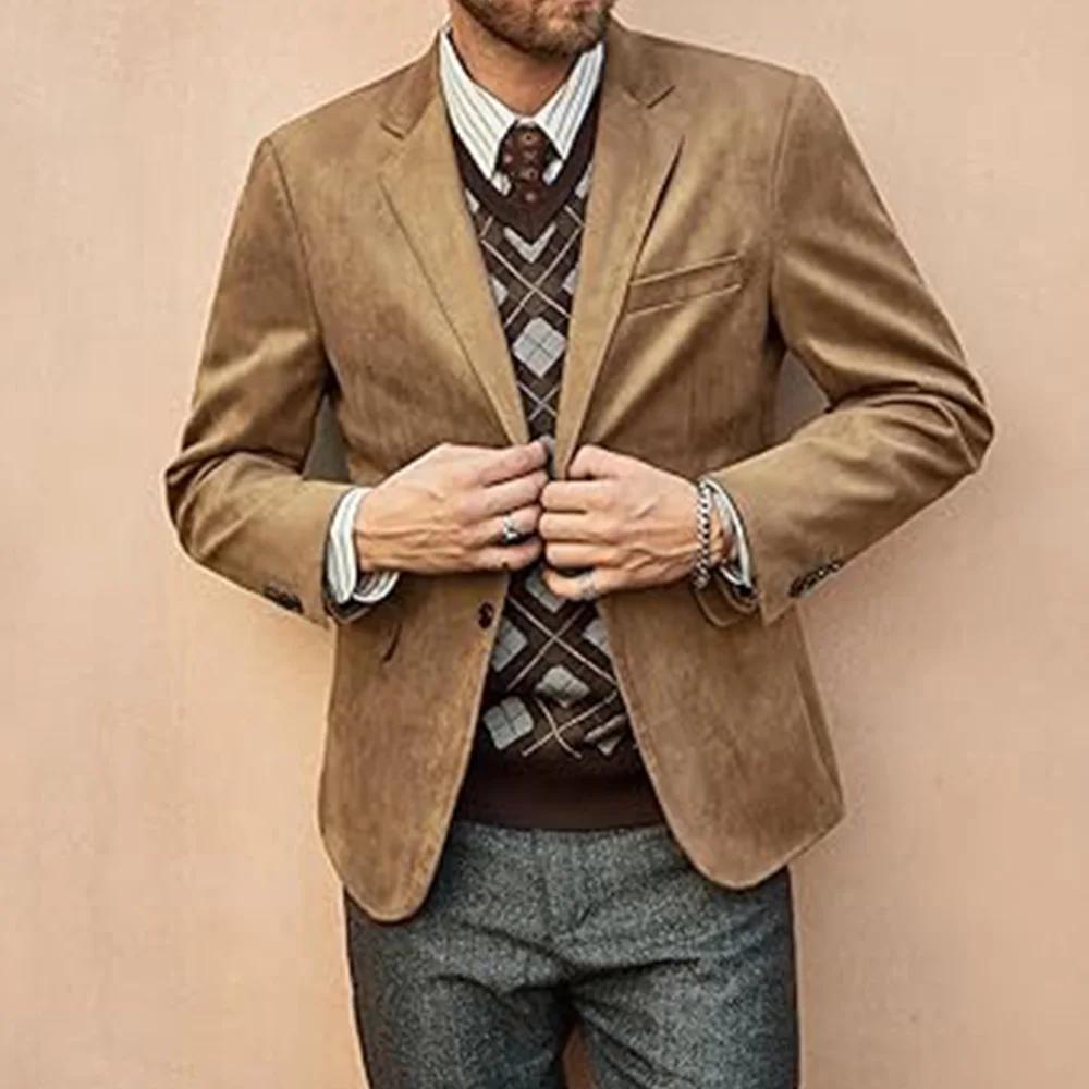 Hommes Faux daim Blazer simple boutonnage marron clair coupe ajustée décontracté élégant veste burea