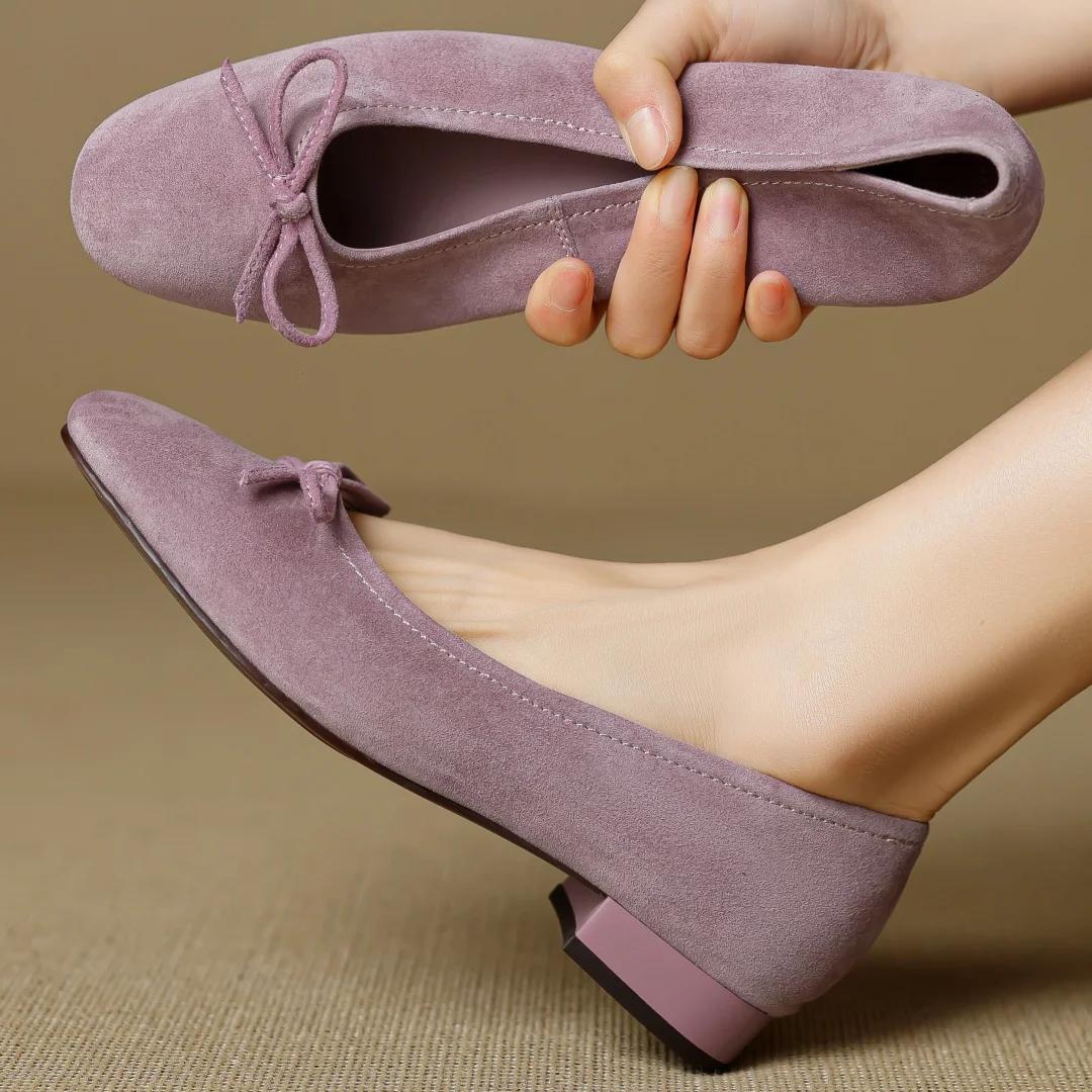 Grande taille 34-43 femmes en daim naturel cuir doux noeud papillon bout rond sans lacet ballerines 
