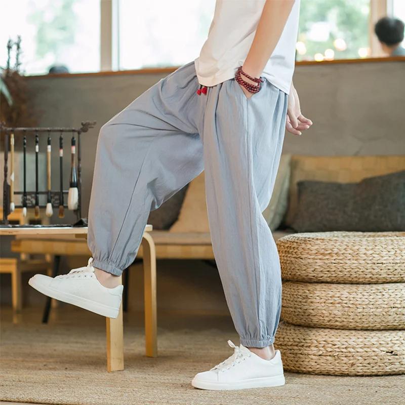 Pantalon décontracté japonais pour homme, en coton et chanvre, coupe ample avec cordon de serrage, s