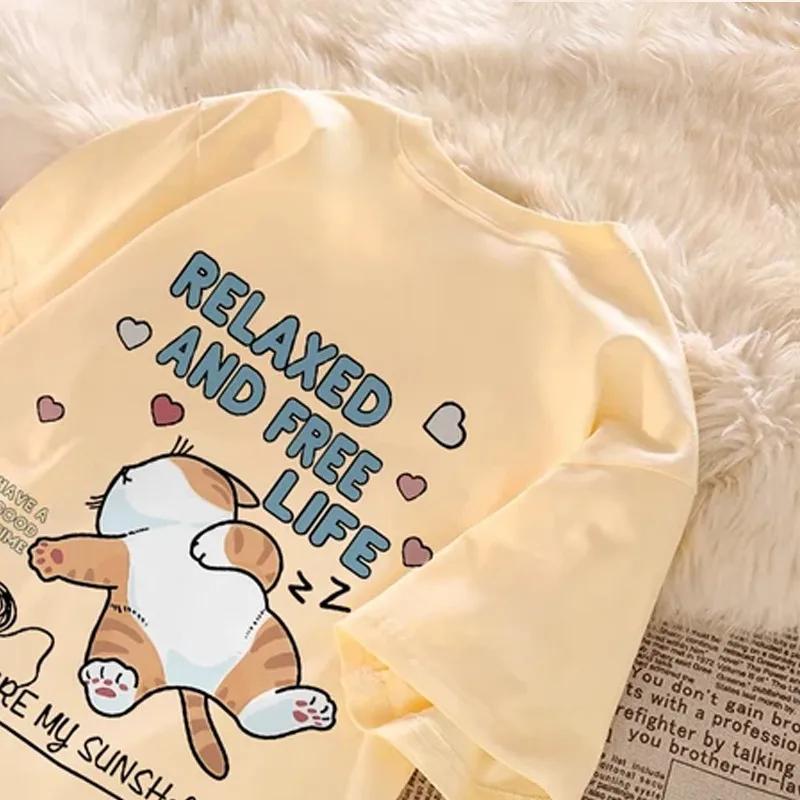 T-shirt à manches courtes pour Couple, ample et décontracté, avec lettres imprimées de chat paresseu