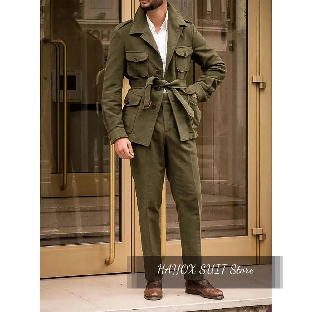 Manteau de html Vintage en Laine Verte pour Homme, Veste Slim, Pantalon Élégant, Tenue Décontractée,